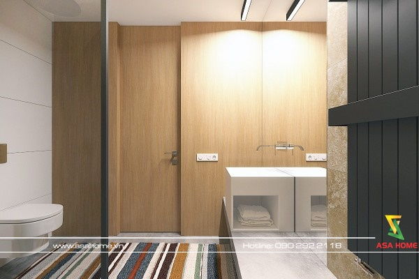 Nhà tắm sạch sẽ, sang trọng và tinh tế với những vách ngăn bằng gỗ