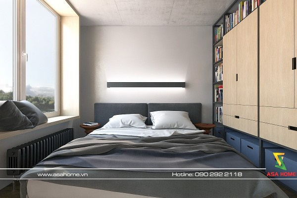 Phòng ngủ được thiết kế đơn giản chỉ gồm 1 giường gỗ và 1 tủ gỗ nhưng vẫn tạo nên sự tinh tế cho căn phòng